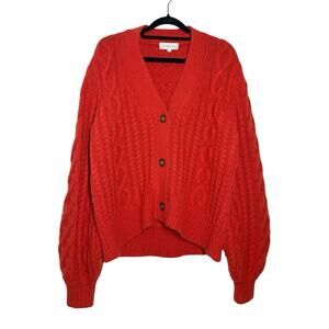 Lee Mathews Red Orange Lambswool Blend Stanford Cable Knit Cardigan Medium $510